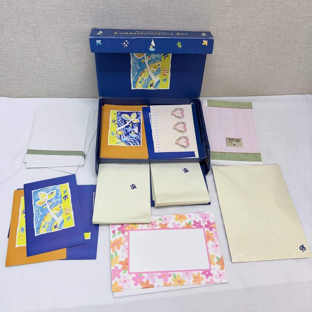 Vintage Dancing Trees Correspondence Set Stationery Cards Envelopes Blue Box